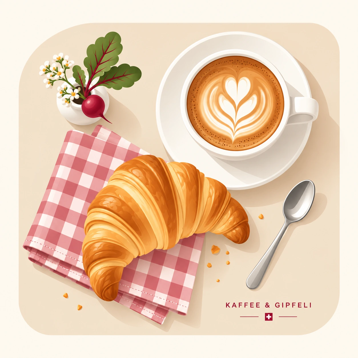 Illustration mit einer Tasse Kaffee, einem goldenen Gipfeli auf einer rosa karierten Serviette, einem Löffel und einem kleinen Rübenmotiv.